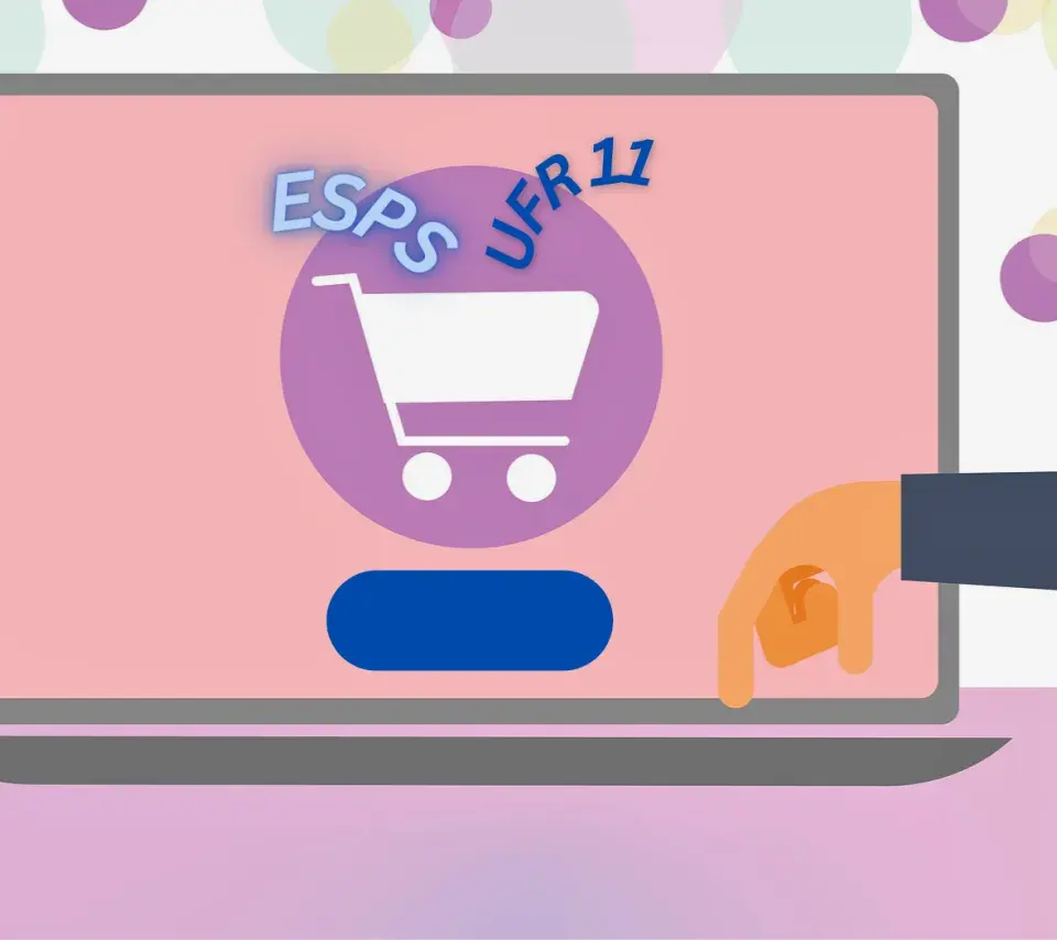 ordinateur portable avec sur écran un cadis dans lequel tombent ESPS et UFR11 et une main qui clique pour achat en ligne