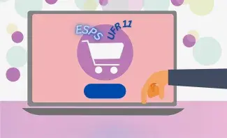 ordinateur portable avec sur écran un cadis dans lequel tombent ESPS et UFR11 et une main qui clique pour achat en ligne
